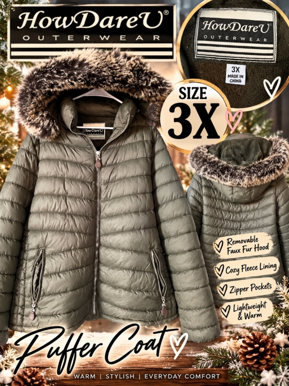 How Dare U Outerwear Olive Puffer Jacket Faux Fur Hood Plus Size 3X